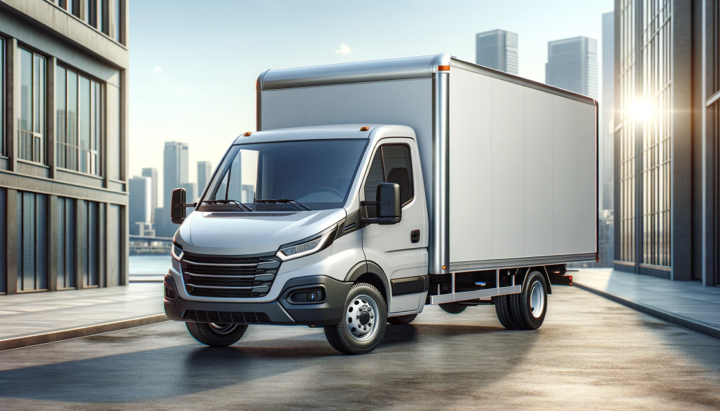 DALL·E 2023-12-16 06.48.24 - A small delivery truck with a clean and modern design, parked in an urban environment. The truck has a plain white cargo area with no logos or brandin